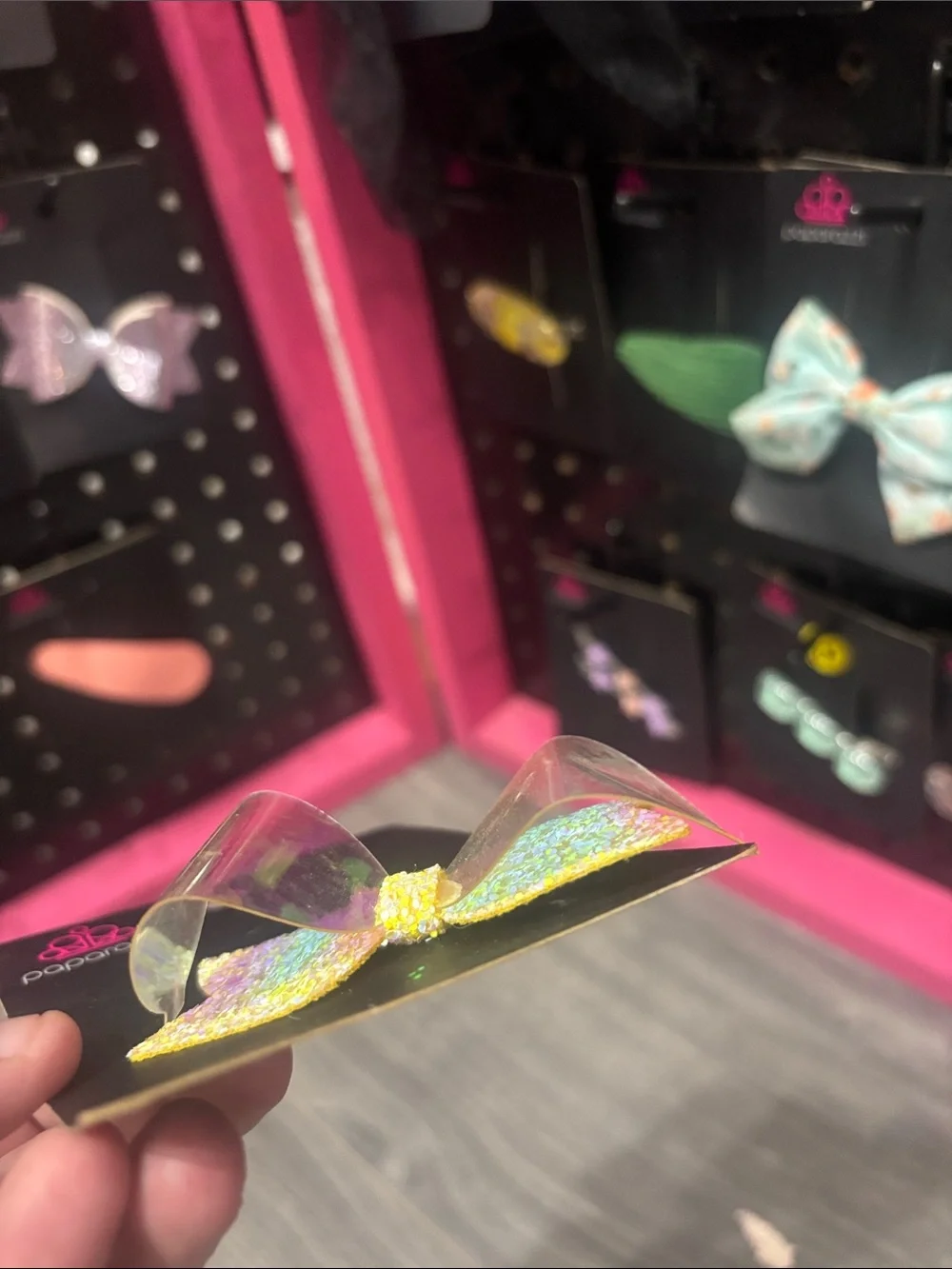 paparazzi Iridescent Glitter Bow Hair Clip - Yellow Green Multi